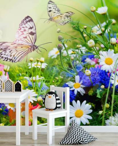 Wandtapete Schmetterlinge in Blau, Grün und Weiß, personalisierbar, Schmetterlinge und Blumen, für Unternehmen, Pflegeheime und Korridore