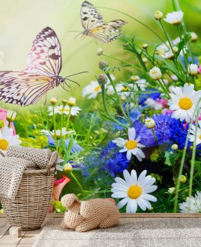 blue, green and white customizable butterflies wallpaper mural called Butterflies and Flowers for businesses, care homes and corridors blue, green and white customizable butterflies wallpaper mural called Butterflies and Flowers for businesses, care homes and corridors