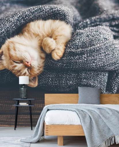 ginger kitten slaapt op grijze deken