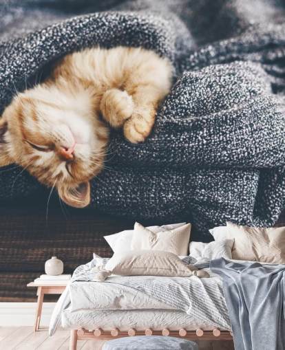 gattino zenzero addormentato sulla coperta grigia