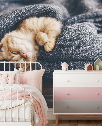 gatito jengibre dormido en manta gris