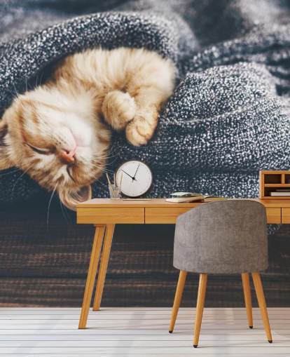 ginger kitten asleep on grey blanket