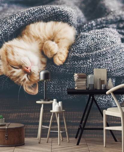 ginger kitten asleep on grey blanket ginger kitten asleep on grey blanket