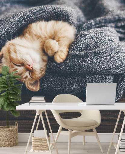 ginger kitten asleep on grey blanket