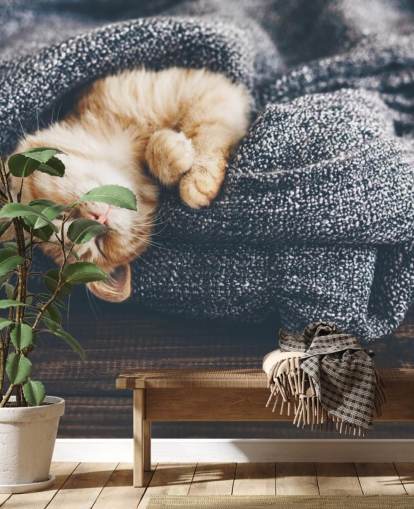 ginger kitten asleep on grey blanket ginger kitten asleep on grey blanket