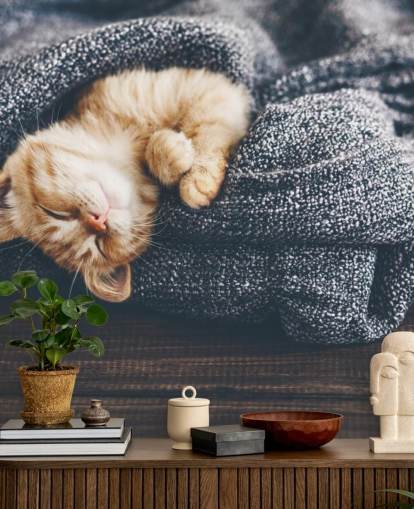 ginger kitten asleep on grey blanket