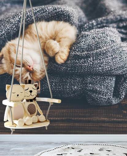 ginger kitten asleep on grey blanket ginger kitten asleep on grey blanket
