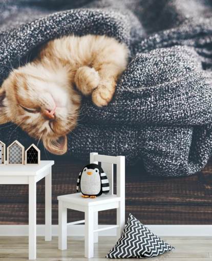 ginger kitten asleep on grey blanket