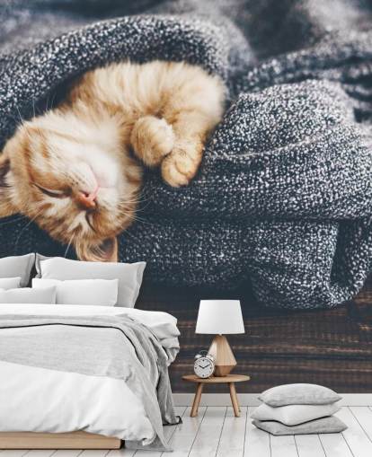 gatito jengibre dormido en manta gris