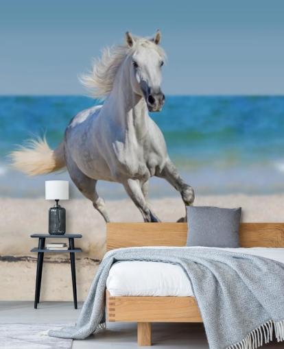 Muurschildering van het witte paard dat op het strand rent