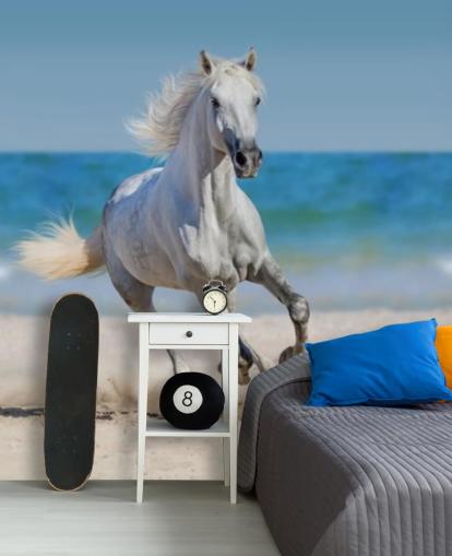 Mural de caballo blanco corriendo por la playa