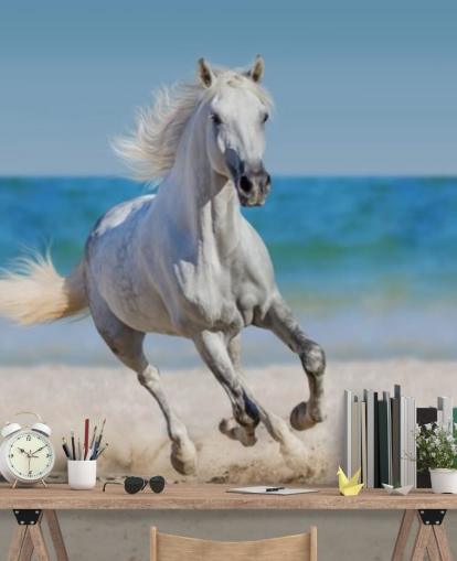 Mural de caballo blanco corriendo por la playa