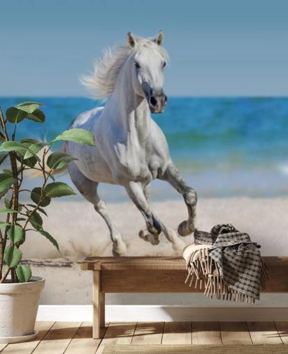 Decorazione murale con cavallo bianco che corre sulla spiaggia Decorazione murale con cavallo bianco che corre sulla spiaggia