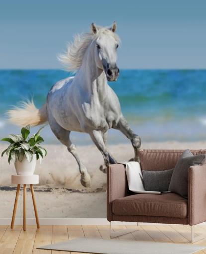 Mural de caballo blanco corriendo por la playa