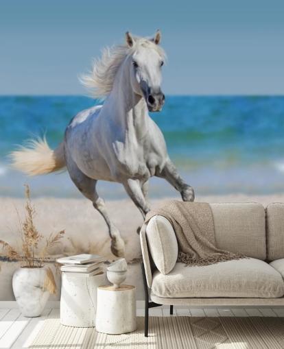 White Horse Running on the Beach Mural White Horse Running on the Beach Mural