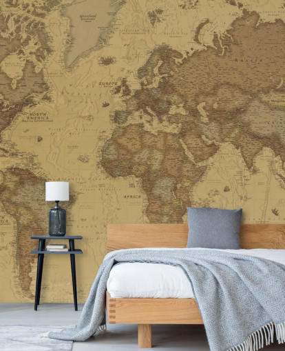 carta da parati murale con mappa vintage color seppia chiamata Rustic World Map per camere da letto, cucine e uffici