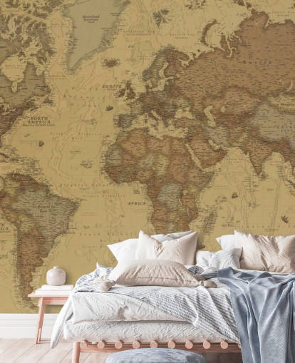 sepia vintage kart tapet veggmaleri kalt Rustic World Map for soverom, kjøkken og kontorer