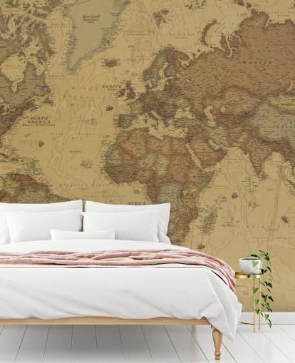 sepia vintage kaart behangmuurschildering genaamd Rustic World Map voor slaapkamers, keukens en kantoren