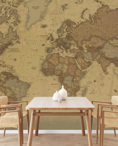 papier peint mural de carte vintage sépia appelé Rustic World Map pour les chambres, les cuisines et les bureaux