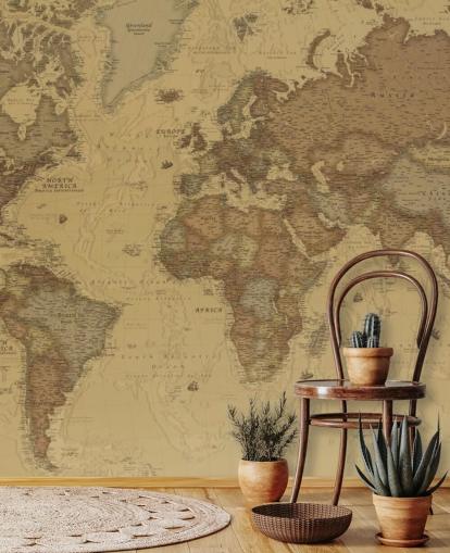 sepia vintage kort tapet vægmaleri kaldet Rustic World Map til soveværelser, køkkener og kontorer