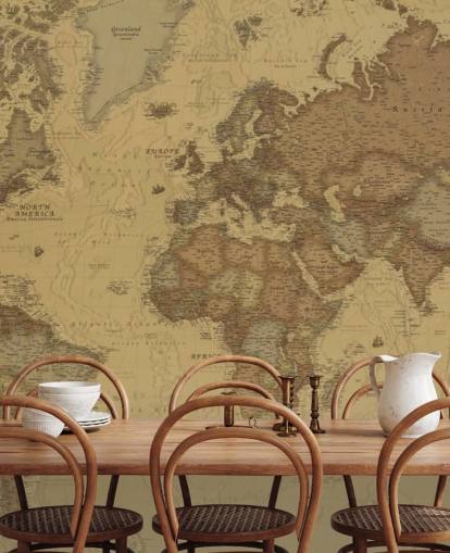 mural de papel de parede de mapa vintage sépia chamado Mapa Mundial Rústico para quartos, cozinhas e escritórios