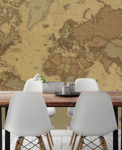 sepia vintage kaart behangmuurschildering genaamd Rustic World Map voor slaapkamers, keukens en kantoren sepia vintage kaart behangmuurschildering genaamd Rustic World Map voor slaapkamers, keukens en kantoren