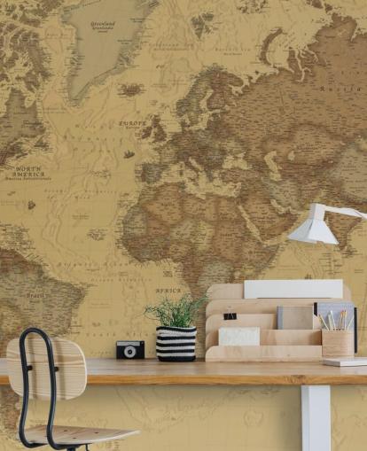 mural de papel pintado con un mapa vintage en sepia llamado Rustic World Map para dormitorios, cocinas y oficinas