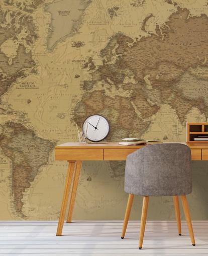 sepia vintage map wallpaper mural called Rustic World Map for bedrooms, kitchens and offices