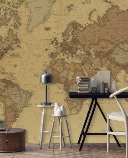 carta da parati murale con mappa vintage color seppia chiamata Rustic World Map per camere da letto, cucine e uffici