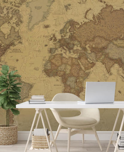 papier peint mural de carte vintage sépia appelé Rustic World Map pour les chambres, les cuisines et les bureaux