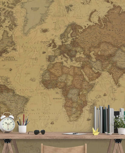 mural de papel pintado con un mapa vintage en sepia llamado Rustic World Map para dormitorios, cocinas y oficinas