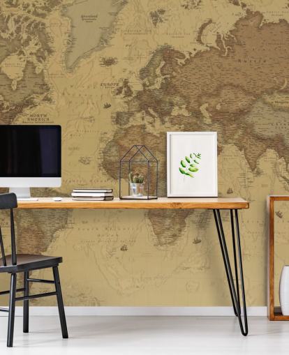 mural de papel pintado con un mapa vintage en sepia llamado Rustic World Map para dormitorios, cocinas y oficinas