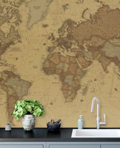 mural de papel pintado con un mapa vintage en sepia llamado Rustic World Map para dormitorios, cocinas y oficinas
