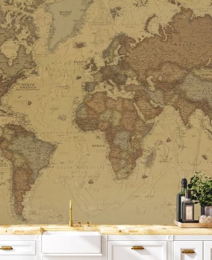 mural de papel pintado con un mapa vintage en sepia llamado Rustic World Map para dormitorios, cocinas y oficinas