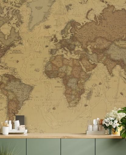 sepia vintage map wallpaper mural called Rustic World Map for bedrooms, kitchens and offices sepia vintage map wallpaper mural called Rustic World Map for bedrooms, kitchens and offices