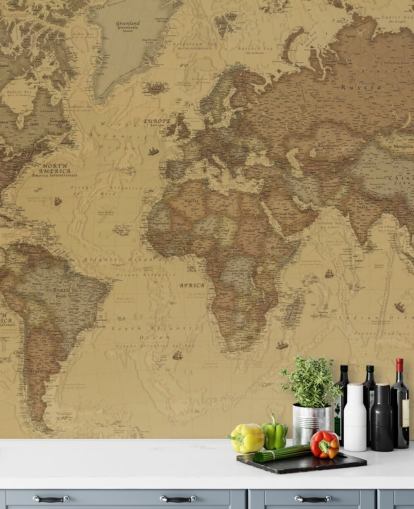 mural de papel pintado con un mapa vintage en sepia llamado Rustic World Map para dormitorios, cocinas y oficinas