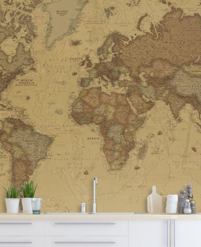 sepia vintage kaart behangmuurschildering genaamd Rustic World Map voor slaapkamers, keukens en kantoren sepia vintage kaart behangmuurschildering genaamd Rustic World Map voor slaapkamers, keukens en kantoren