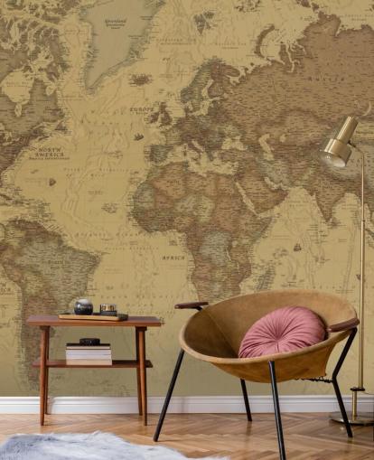 sepia vintage karta tapet väggmålning som heter Rustic World Map för sovrum, kök och kontor