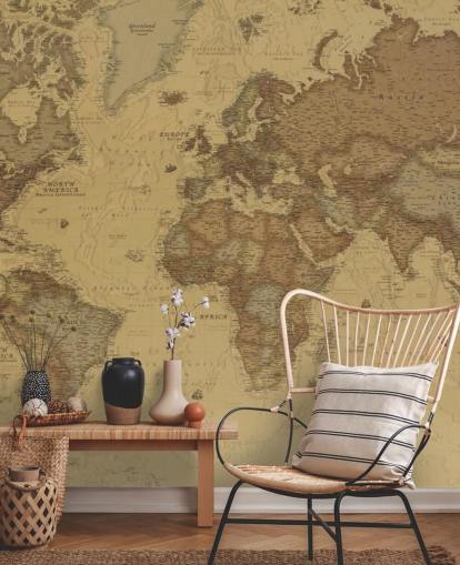 sepia vintage kart tapet veggmaleri kalt Rustic World Map for soverom, kjøkken og kontorer