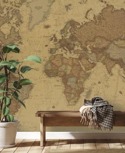 Sepia-Landkarten-Tapete im Vintage-Stil mit dem Titel Rustic World Map für Schlafzimmer, Küchen und Büros Sepia-Landkarten-Tapete im Vintage-Stil mit dem Titel Rustic World Map für Schlafzimmer, Küchen und Büros