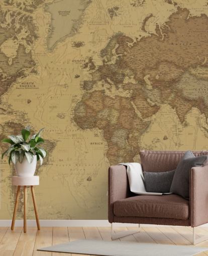 carta da parati murale con mappa vintage color seppia chiamata Rustic World Map per camere da letto, cucine e uffici