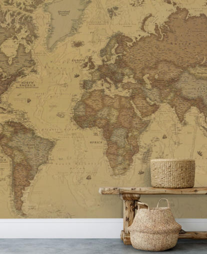 sepia vintage map wallpaper mural called Rustic World Map for bedrooms, kitchens and offices