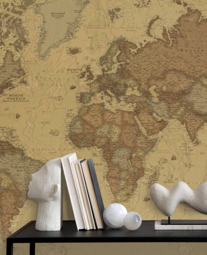 sepia vintage map wallpaper mural called Rustic World Map for bedrooms, kitchens and offices