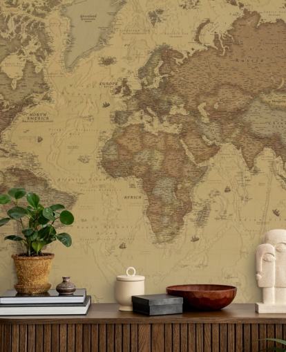 sepia vintage kort tapet vægmaleri kaldet Rustic World Map til soveværelser, køkkener og kontorer