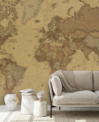 sepia vintage kaart behangmuurschildering genaamd Rustic World Map voor slaapkamers, keukens en kantoren