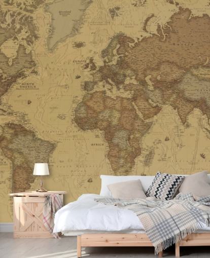 sepia vintage map wallpaper mural called Rustic World Map for bedrooms, kitchens and offices