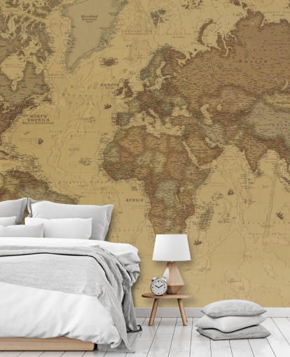 mural de papel pintado con un mapa vintage en sepia llamado Rustic World Map para dormitorios, cocinas y oficinas mural de papel pintado con un mapa vintage en sepia llamado Rustic World Map para dormitorios, cocinas y oficinas