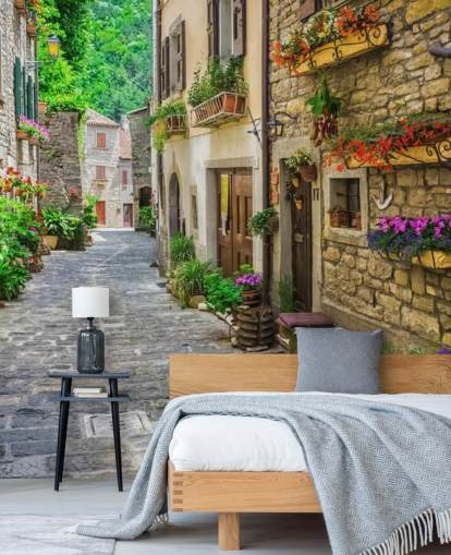 mural de papel pintado de fachada personalizado llamado Tuscan Old Town Street para cocinas