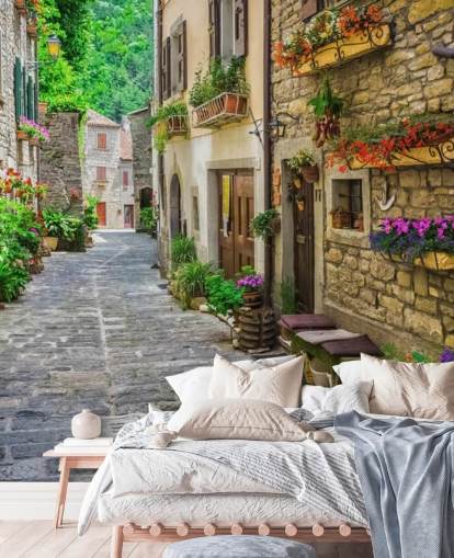 custom facade wallpaper mural called Tuscan Old Town Street for kitchens