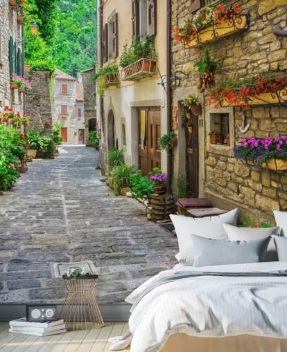 custom facade wallpaper mural called Tuscan Old Town Street for kitchens